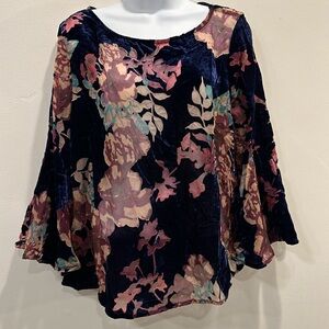 W5‎ Navy Blue Pink Floral Velvet Burnout Bell Sleeve Blouse Large